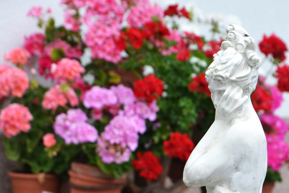 Statue mit Blumen im Hintergrund